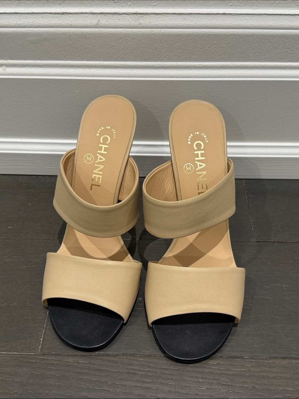 CHANEL Beige and Black Leather Slide Heels